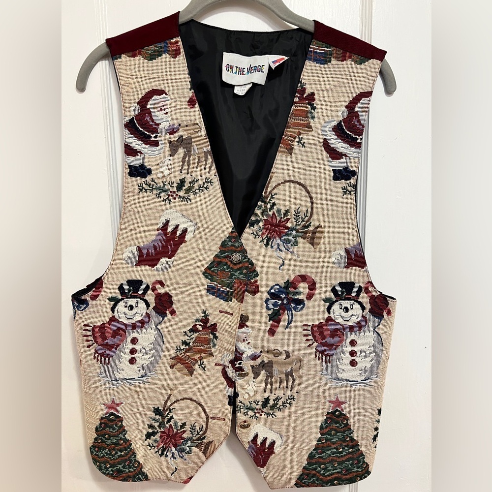ON THE VERGE Tapestry Christmas Vest Vintage Made in USA Santa Snowman Ugly